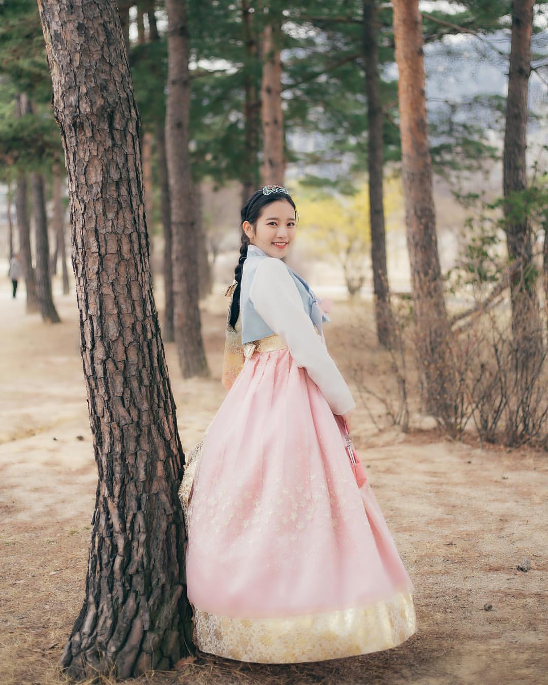 Traveler wearing traditional Korean hanbok near Gyeongbokgung Palace, Seoul